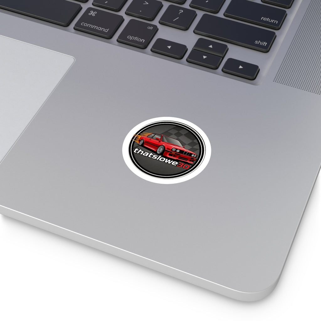 Round Car Sticker — Red BMW E30 "thatslowe30" Racing Vinyl