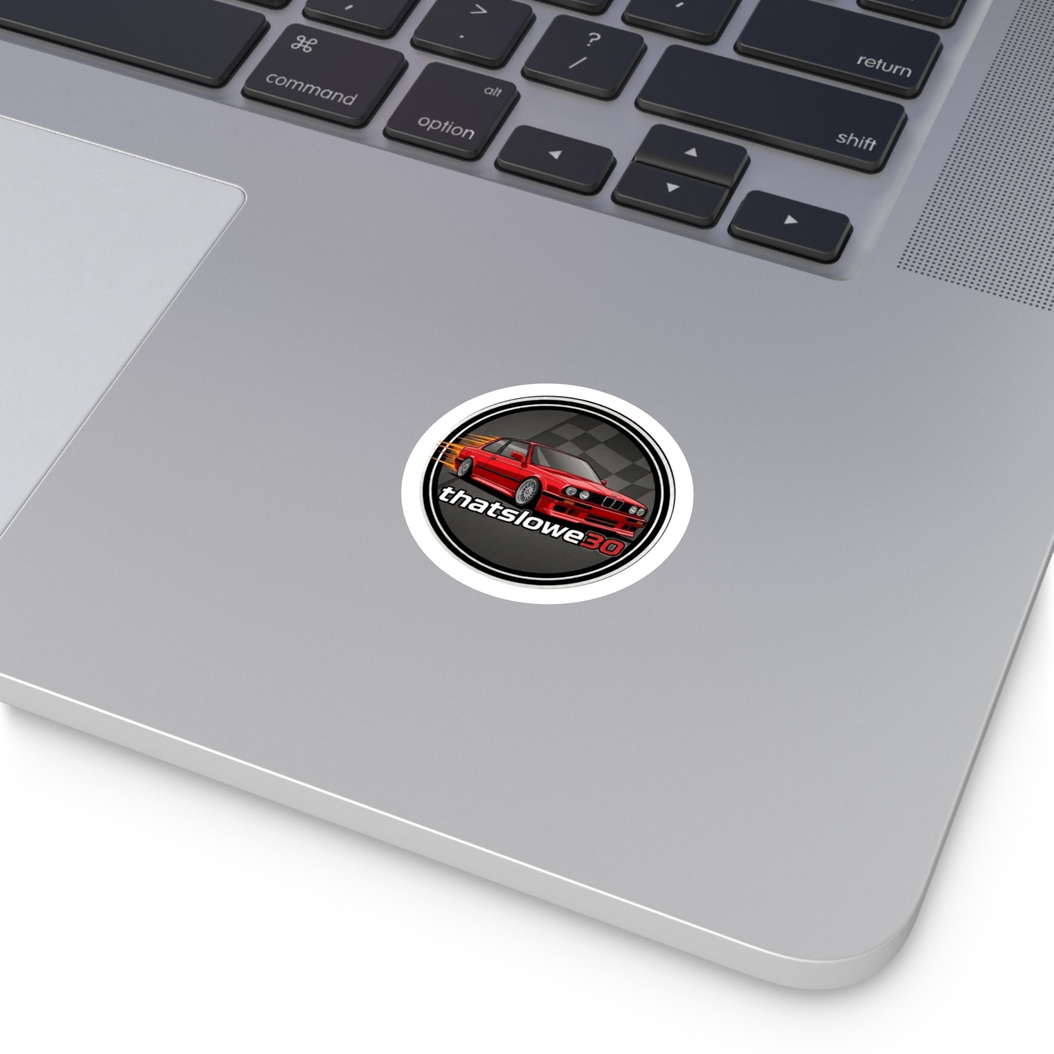 Round Car Sticker — Red BMW E30 "thatslowe30" Racing Vinyl