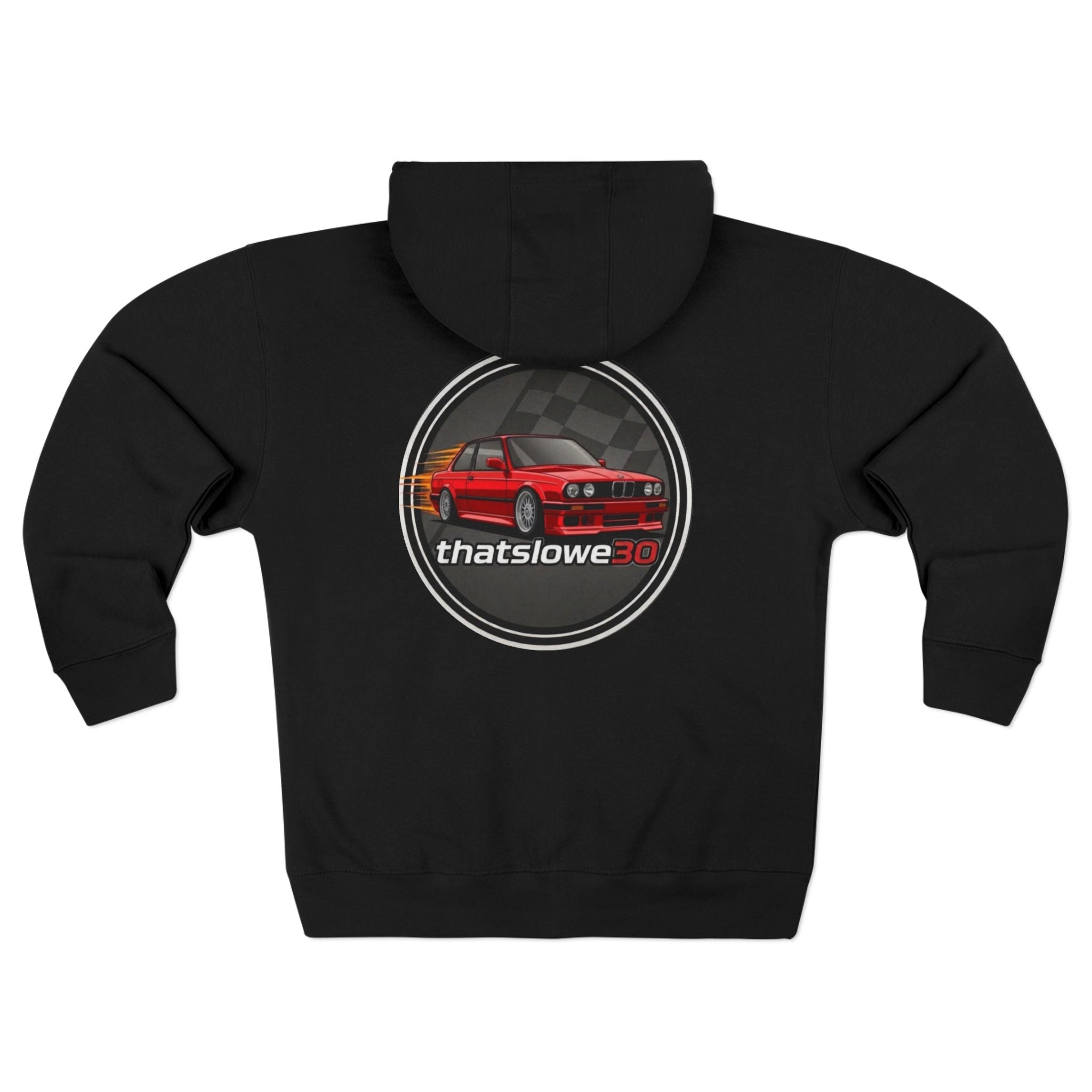 ThatSlowE30 Zip Hoodie — Retro BMW E30 Racing Logo Zip-Up