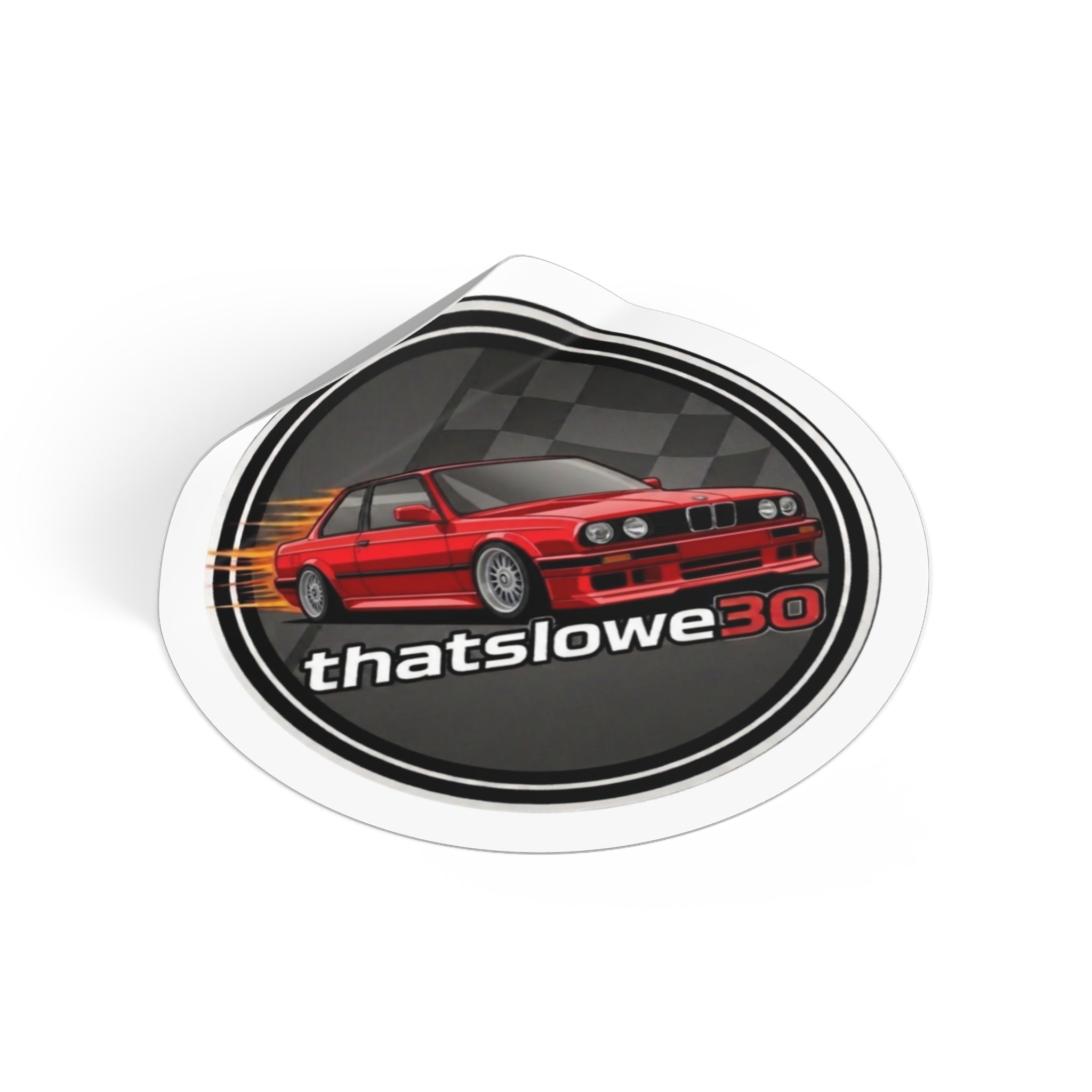 Round Car Sticker — Red BMW E30 "thatslowe30" Racing Vinyl